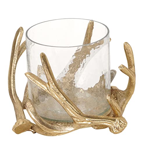 Windlicht Geweih mit Glaseinsatz Kerzenhalter Glaswindlicht Metall Gold edel Hirsch D=22 cm von B2S BACK2SEASON