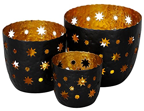 Windlicht Metall Sterne Gold Schwarz Kerzenhalter Teelichthalter rund Weihnachten 3er Set von B2S BACK2SEASON