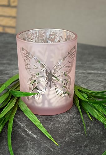 Windlicht Schmetterling Silber rosa Glas Kerzenhalter Glaswindlicht Teelicht Frühling H=12,5 cm von B2S BACK2SEASON
