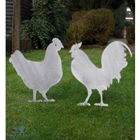 Metall Stecker Henne & Hahn Grau Edel Hühner Gartenstecker H44 cm 2Er Set von B2SBACK2SEASON