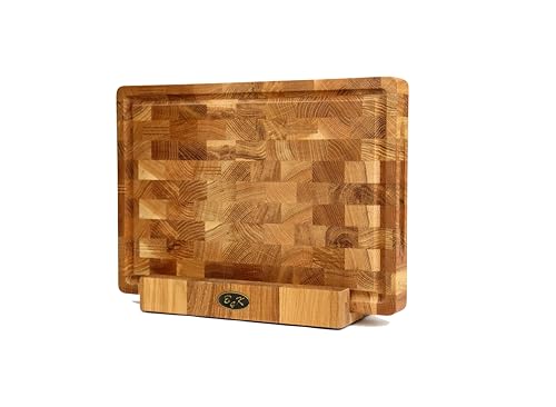 B4K® Schneidebrett mit Ständer aus Eiche Stirnholz 35 × 25 × 4 cm – Massiver Hackblock | Antibakterielles Hirnholzbrett mit Griffen, Saftrille & Silikonfüßen | Perfekt für Küche, Fleisch & BBQ von B4K