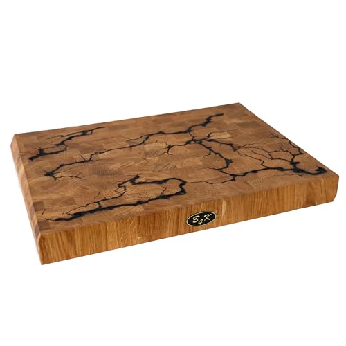 B4K® Hackblock aus Eiche 40x30x4 cm | Lichtenberg-Blitze Design | Premium Hirnholzbrett mit Griffen | Handgefertigtes Schneidebrett | Antibakteriell & Messerschonend von B4K