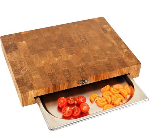 B4K® 40х30х6 Küchenbrett aus Eiche Stirnholz | Antibakterielles Hirnholzbrett mit Griffen, Silikonfüßen und Auffangschale | Stirnholz Schneidebrett von B4K