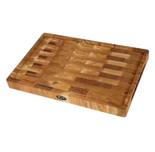 B4K® 45х30х4cm Küchenbrett aus Eiche Stirnholz | Antibakterielles Hirnholzbrett mit Griffen, Silikonfüßen und Saftrille | Stirnholz Schneidebrett | Hackblock von B4K
