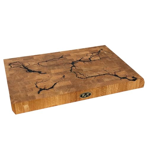 B4K® Hackblock aus Eiche 45x30x4 cm | Lichtenberg-Blitze Design | Premium Hirnholzbrett mit Griffen | Handgefertigtes Schneidebrett | Antibakteriell & Messerschonend von B4K