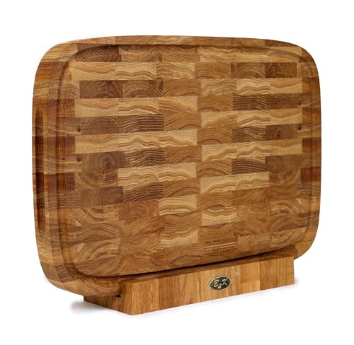 B4K® ovales Schneidebrett mit Ständer aus Eiche Stirnholz 50 × 35 × 4 cm – Massiver Hackblock | Antibakterielles Hirnholzbrett mit Griffen, Saftrille & Silikonfüßen | Perfekt für Küche, Fleisch & BBQ von B4K