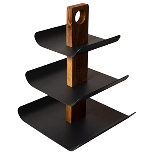 B4K® Elegante Obstschale und Servierplatte in einem: 3-stöckige Etagere aus Holz und Metall, Perfekt für Obst, Kuchen, Süßigkeiten, Brot und Snacks (Schwarz) von B4K