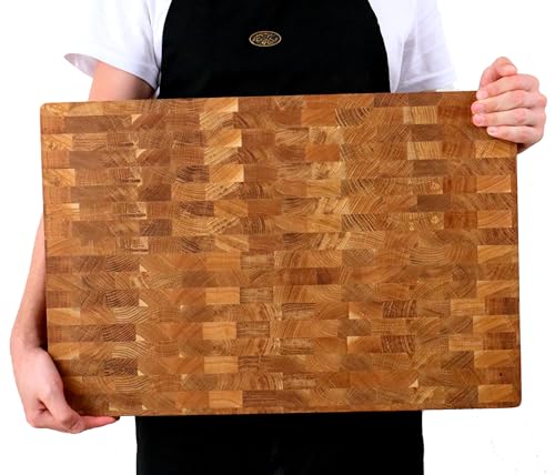 B4K® Schneidebrett aus Eiche Stirnholz 60 × 40 × 4 cm – Massiver Hackblock | Antibakterielles Hirnholzbrett mit Griffen & Silikonfüßen | Perfekt für Küche, Fleisch & BBQ von B4K
