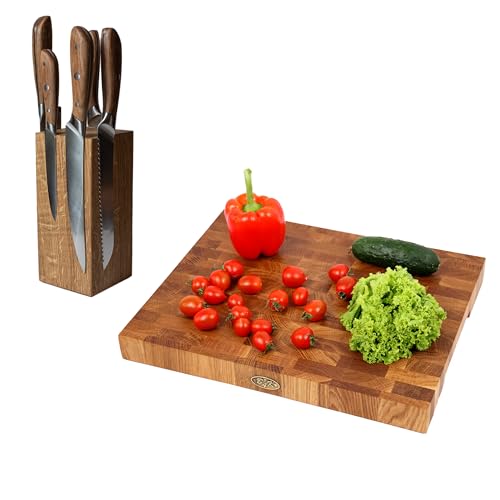 B4K® Premium Küchen-Set aus Eichenholz: Hackbrett und Magnetischer Messerblock ohne Messer | Antibakterielles Hirnholzbrett | Stirnholzbrett | Küchenbrett | Schneidebrett | Holzschneidbrett von B4K