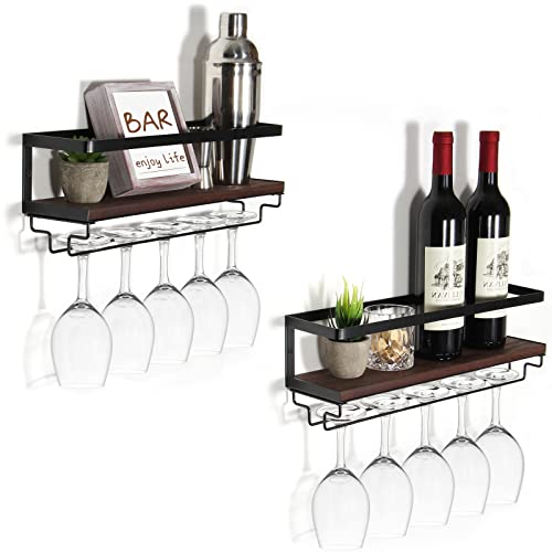 B4Life Wandmontierte Weinregal mit Glashalter, 2er Set Weinglasregal Holz, Vintage Flaschenregal aus Schwimmregale mit Stemware, Weinregalregal mit Glashalter Wandmontage für Esszimmer Home Bar Küche von B4Life