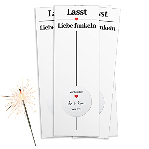 Bl4ckPrint Wunderkerzenset inkl. personalisierte Sticker 20 Stk. - Hochzeitsdeko - Tischdeko für Gäste - Wunderkerzen Set - Wunderkerzen mit Karten und Sticker - Hochzeit Requisiten von Bl4ckPrint