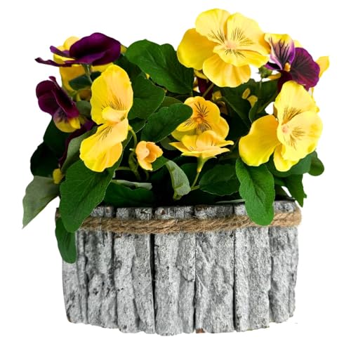 B4y Home dESING Grabgesteck Tischdeko künstliche Stiefmütterchen in Gelb u. Lila mit Übertopf 25cm hoch Grabdeko Grabblume Arrangement wie echt von B4y Home dESING