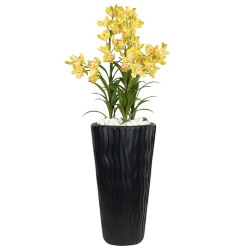 Künstliche Blumen Orchidee sehr groß im Topf XXL 140cm Gesamthöhe Textilblume Orchideengesteck Wie Echt für Heimbüro Hoteldekoration oder Wohnzimmer (Topf schwarz Welle | gelbe Blüten) von B4y Home dESING