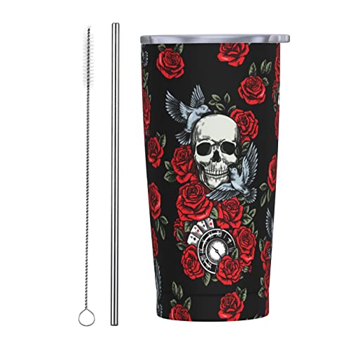 BAAROO Isolierter Becher Totenkopf rote Rose Schwarz Gothic 590 ml mit Deckel und Strohhalm Edelstahl Vakuumbecher Kaffee Wasser auslaufsicher Reise M BAAROO Isolierter Becher Totenkopf rote Rose Schwarz Gothic 590 ml mit Deckel und Strohhalm Edelstahl Vakuumbecher Kaffee Wasser auslaufsicher Reise M von BAAROO