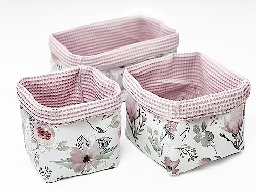 BABEES Aufbewahrungskorb Wickeltisch Baby, Körbchen Set 3 Stück, Organizer Wickelkommode, Utensilo Aufbewahrungsbox Badezimmer (BLUMEN/FLOWERS) von BABEES