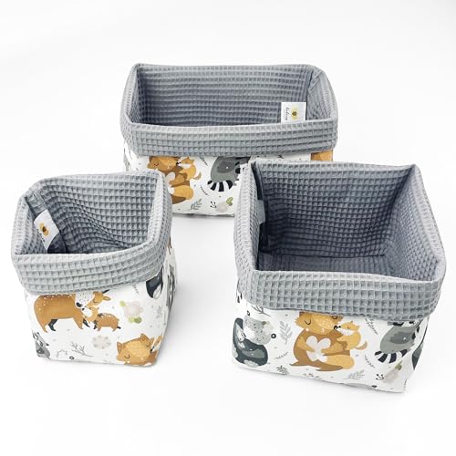 BABEES Aufbewahrungskorb Wickeltisch Baby, Körbchen Set 3 Stück, Organizer Wickelkommode, Utensilo Aufbewahrungsbox Badezimmer (CUTE ANIMALS) von BABEES