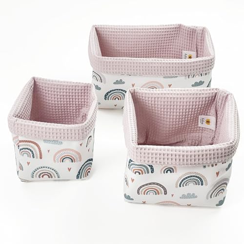 BABEES Aufbewahrungskorb Wickeltisch Baby, Körbchen Set 3 Stück, Organizer Wickelkommode, Utensilo Aufbewahrungsbox Badezimmer (RAINBOW) von BABEES