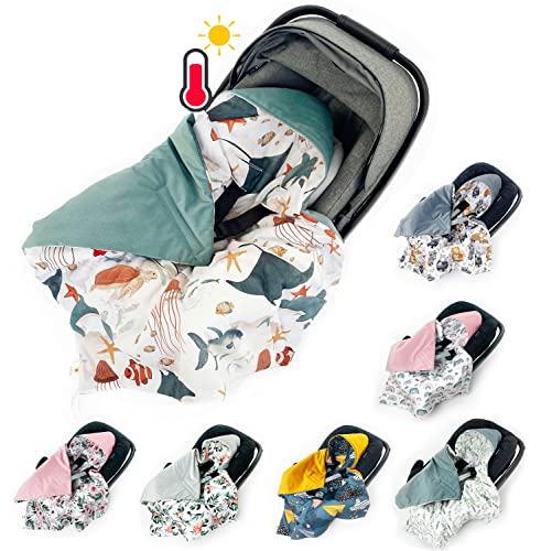 BABEES Einschlagdecke für Babyschale Autositz, Universal Frühling Sommer Minky Baby Decke mit Klettverschluss Babytragen leicht Übergangssaison (SEA World) von BABEES