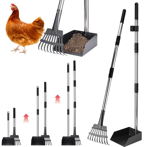 BABORUI Hühnerkotschaufel-Set aus Metall, höhenverstellbar von 38,1 cm - 96,5 cm, robustes Rechen und Schaufel-Set für Hühnerstallreinigung, abnehmbare Edelstahl-Kotschaufel für Hühnerstall-Zubehör von BABORUI