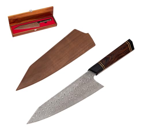 BABOSSA® Damast Chefmesser 21.5cm aus 110 Schichten echtem Damaszener Stahl mit Wüsteneisenholzgriff | Inkl. hochwertiger Box aus Akazienholz und Messerscheide aus Walnussholz von BABOSSA