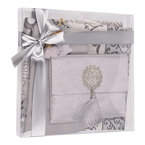 BABY SHOWER CHOCOLATE Islamische Geschenkset, Samt Gebetsmatte, Gebetsperlen, Schal und Yaseen Buch (Grau) von BABY SHOWER CHOCOLATE