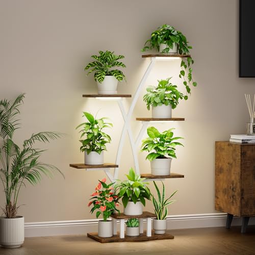BACEKOLL Pflanzenständer mit Wachstumslicht - 7 Ebenen Blumenständer 105cm Metall Holz Pflanzenregal - Innen & Außen Blumentreppe - Dekoratives Blumenregal für Innen Garten Balkon (Weiß) von BACEKOLL