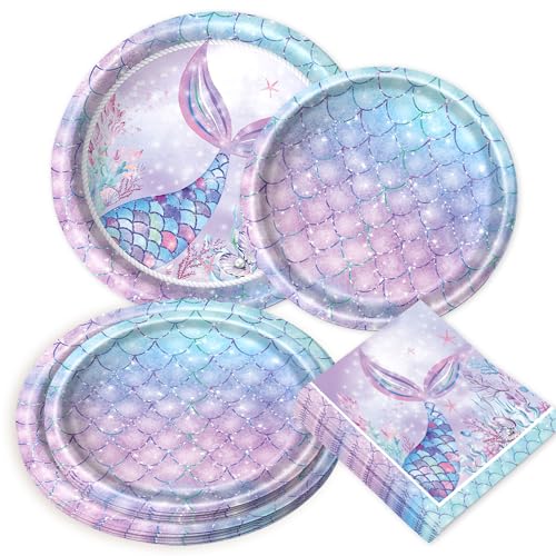 BACH AND BOOZY 60 PCS Meerjungfrau Partygeschirr Geburtstag Deko Geschirr Meerjungfrau Pappteller Becher Servietten für Kindergeburtstag Deko von BACH AND BOOZY