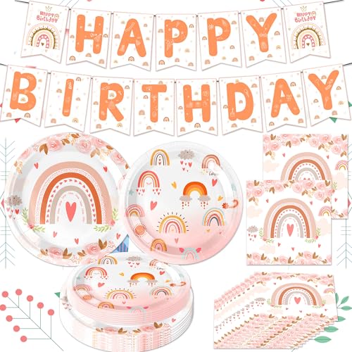 41PCS Boho Regenbogen Partygeschirr Set Boho Papier Teller Becher Servietten Geburtstag Geschirr Party Deko für Boho Party Kindergeburtstag Boho Partyzubehör Dekoration von BACH AND BOUJEE