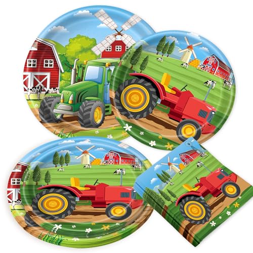 BACH AND BOUJEE 60pcs Traktor Pappteller Servietten Bauernhof Traktor Party Dekorationen Bauernhof Kindergeburtstag Deko Jungen Mädchen von BACH AND BOUJEE