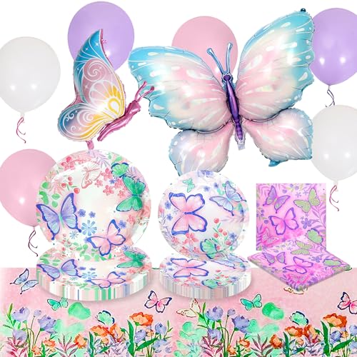 BACH AND BOUJEE Schmetterling Geburtstag Teller Servietten Tischtücher Kindergeburtstag Schmetterling Tischdeko Luftballons Deko Geburtstag für Geburtstagparty von BACH AND BOUJEE