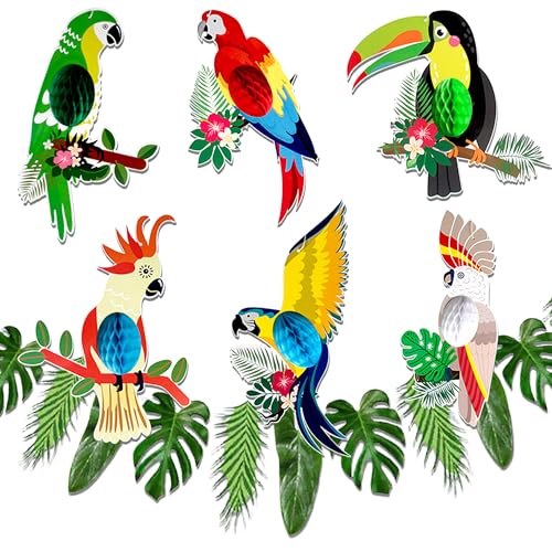 Papagei Wabe Palmblätter Banner Tropische Vögel Wabe Papier Ausschnitte Hawaiianischer Strand Luau Party Hängende Dekorationen Tiki Bar Supplies von BACH AND BOUJEE
