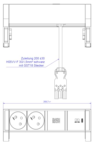 BACHMANN DESK2 2xUTE 1xUSB C 30W 0,2m GST18 RAL9010 von BACHMANN