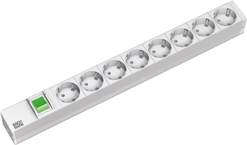 Bachmann Steckdosenleiste 19'' Zoll PDU 8-Fach mit Schalter 1HE 2m Kabel Mehrfachsteckdose für Serverschrank Rack Grau 333.400 (inkl. 2X Befestigungswinkel und Schrauben) von BACHMANN