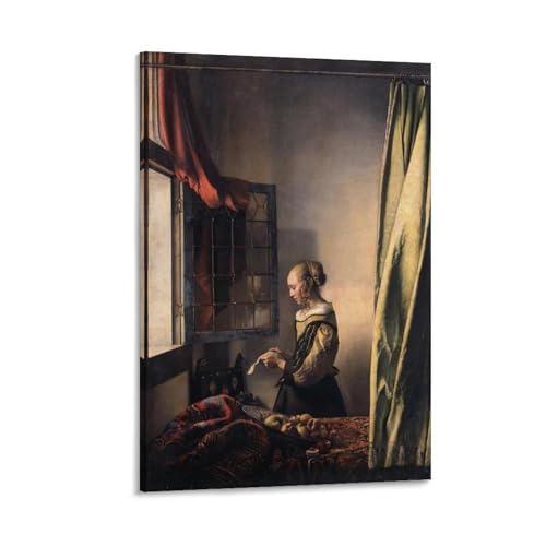 BACION Johannes Vermeer Ölgemälde-Reproduktion, Girl Reading A Letter at An Open Window Poster, Dekoratives Gemälde, Wandbild Kunstdruck, Wand-Dekorationen von BACION