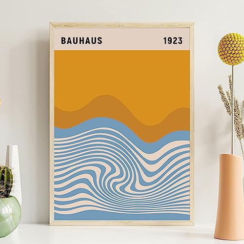 Bauhaus-Wandkunst Mitte des Jahrhunderts, Bauhaus-Blau, geometrisches Poster, gelbes Boho-Kunstwerk, minimalistisch, geometrische Wandkunst, Sonnenwellen, Formen, Kunstdruck, neutrales Boho-Bild für von BACJUOPLDArt