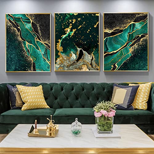 Kunstdruck auf Leinwand mit grünem Marmor, abstrakte Marmorstruktur, schwarz-goldener Glitzer, moderne abstrakte dunkelgrüne Goldfolienlinien – Wohnzimmer-Dekor (40,6 x 61 cm, 3 Stück, ohne Rahmen) von BACJUOPLDArt