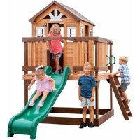 Backyard Discover Spielhaus Echo Heights mit grüner Rutsche, Sandkasten & Veranda Stelzenhaus in Braun aus Holz für Kinder Spielturm für den Garten von BACKYARD DISCOVERY