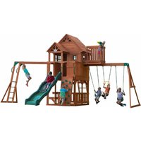 Spielturm Skyfort ii aus Holz xxl Spielhaus für Kinder mit Rutsche, Schaukel, Trapezstange, Kletterwand und Aussichtsturm Stelzenhaus für den Garten von BACKYARD DISCOVERY