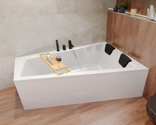 BADLAND Badewanne Original Weiß Acryl Wanne Eckbadewanne INTIMA 150x85 Rechts KOMPLETTSET SET + Bambus Ablage + Kopfstütze + Füßen und Exklusive Chrom Automatik Ablaufgarnitur Made in EU 5in1 von BAD LAND