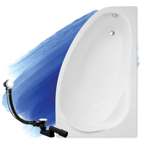BADLAND Badewanne Original Weiß Acryl Wanne Eckbadewanne MAREA 150x100 Rechts KOMPLETTSET SET + Füßen und Exklusive Chrom Automatik Ablaufgarnitur Made in EU 3in1 von BAD LAND