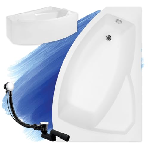 BADLAND Badewanne Original Weiß Acryl Wanne Eckbadewanne RIMA 140x90 Rechts KOMPLETTSET SET mit Weiß Acrylschürze + Füßen und Exklusive Chrom Automatik Ablaufgarnitur Made in EU 4in1 von BAD LAND