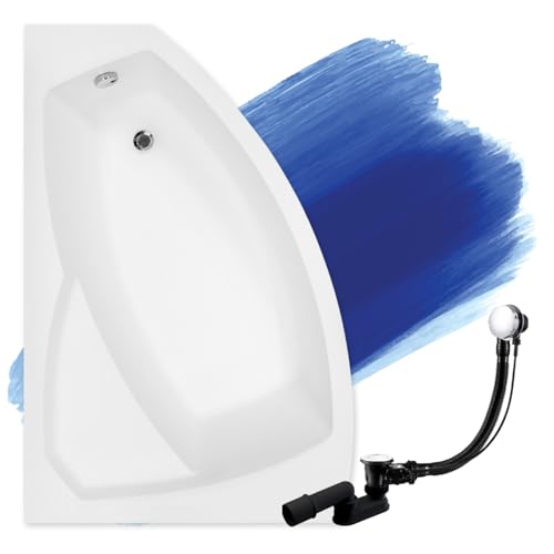 BADLAND Badewanne Original Weiß Acryl Wanne Eckbadewanne RIMA 150x95 Links KOMPLETTSET SET + Füßen und Exklusive Chrom Automatik Ablaufgarnitur Made in EU 3in1 von BAD LAND