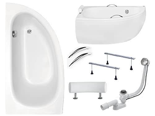 BADLAND BadewanneWeiß Acryl Wanne Eckbadewanne MILENA PREMIUM 150x70 KOMPLETTSET SET mit Weiß Acrylschürze + Handgriffen + Kopfstütze + Füßen und Chrom Automatik Ablaufgarnitur Made in EU 6in1 von BAD LAND