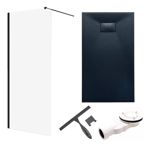 BADLAND Komplettes Set - Walk-In Dusche KETIL 120x195 + Duschwanne VIDAR 90x120 + Badwischer - Duschabtrennung Transparent Nano Glas, Duschtasse Rechteck Schwarz Steinoptik SMC mit Siphon Ø 90 mm von BAD LAND