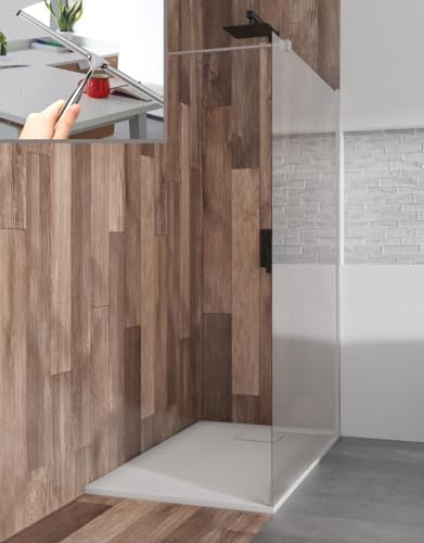 BADLAND Komplettes Set - Walk-In Dusche KETIL 140x195 + Duschwanne VIDAR 90x160 + Badwischer - Duschabtrennung Transparent Nano Glas, Duschtasse Rechteck Weiß Steinoptik SMC mit Siphon Ø 90 mm von BAD LAND