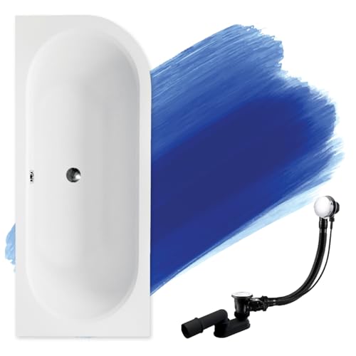 BADLAND Original Badewanne 180x80 cm Links Acryl KOMPLET KOMPLETTSET SET Premium Siphon Wanne Eckwanne Ecke Eck Badewanne Weiß Design Modern Ablaufgarnitur in Chrom für 2 Personen Made in EU 3in1 von BAD LAND