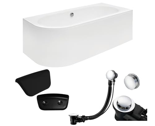 BADLAND Premium Set 5in1 Badewanne Eckwanne Acryl Weiß Wanne AVITA Rechts 150x75 cm, Made in EU + Verkleidung (Acrylschürze) + Nackenkissen KODI, Moderne Design, mit Ablaufgarnitur und Füßen von BAD LAND