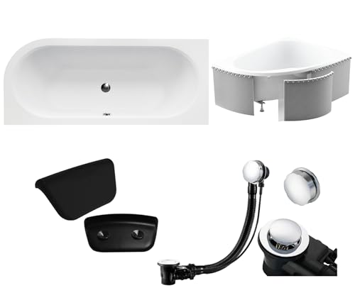 BADLAND Premium Set 5in1 Badewanne Eckwanne Acryl Weiß Wanne AVITA Rechts 170x75 cm, Made in EU + Verkleidung (Styropor) + Nackenkissen KODI, Moderne Design, mit Ablaufgarnitur und Füßen von BAD LAND