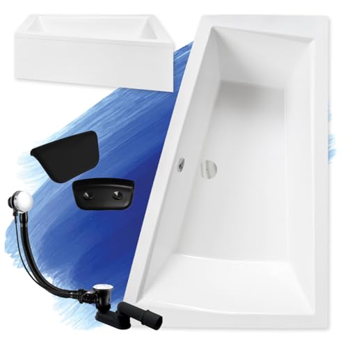 BADLAND Premium Set 6in1 Badewanne Eckwanne Acryl Weiß Wanne INTIMA 170x125 cm Rechts, Made in EU + Verkleidung (AcrylSchürze) + 2 Nackenkissen KODI, Moderne Design, mit Ablaufgarnitur und Füßen von BAD LAND
