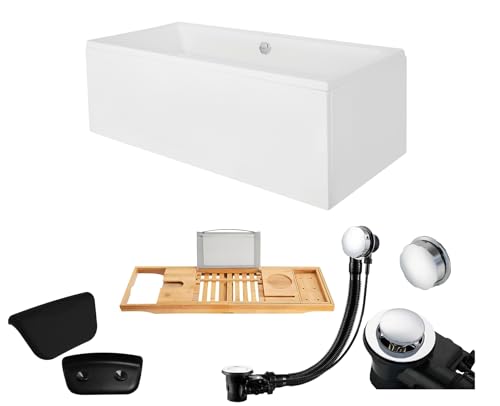 BADLAND Premium Set 6in1 Badewanne Rechteck Acryl Weiß Wanne QUADRO 180x80 cm, Made in EU + Acrylschürze + Bambus Badewannenablage + Nackenkissen, Moderne Design, mit Ablaufgarnitur und Füßen von BAD LAND